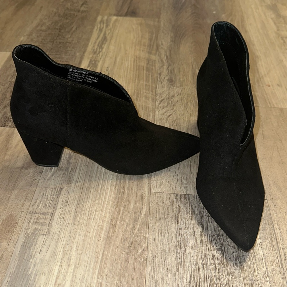 Black suede booties, size 6